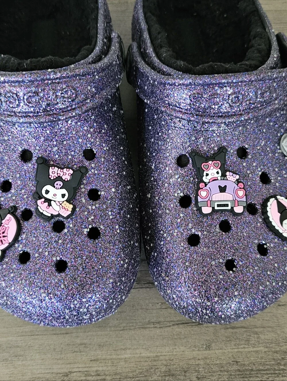 Crocs Classic Purple Space Glitter Plush Lined Clog Girl J1 Sandal Kuromi Charms